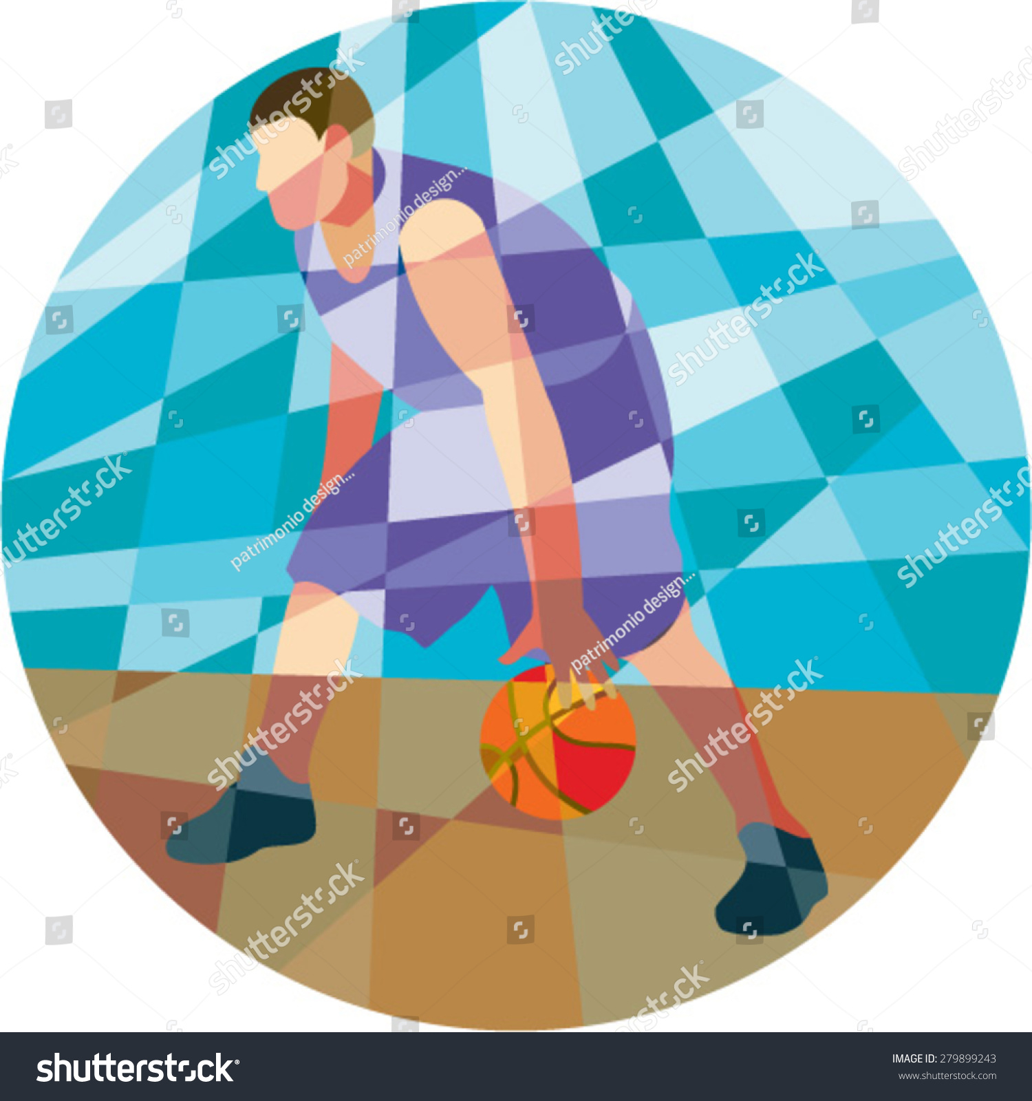 低多边形风格插画的篮球运动员带球球面对前面