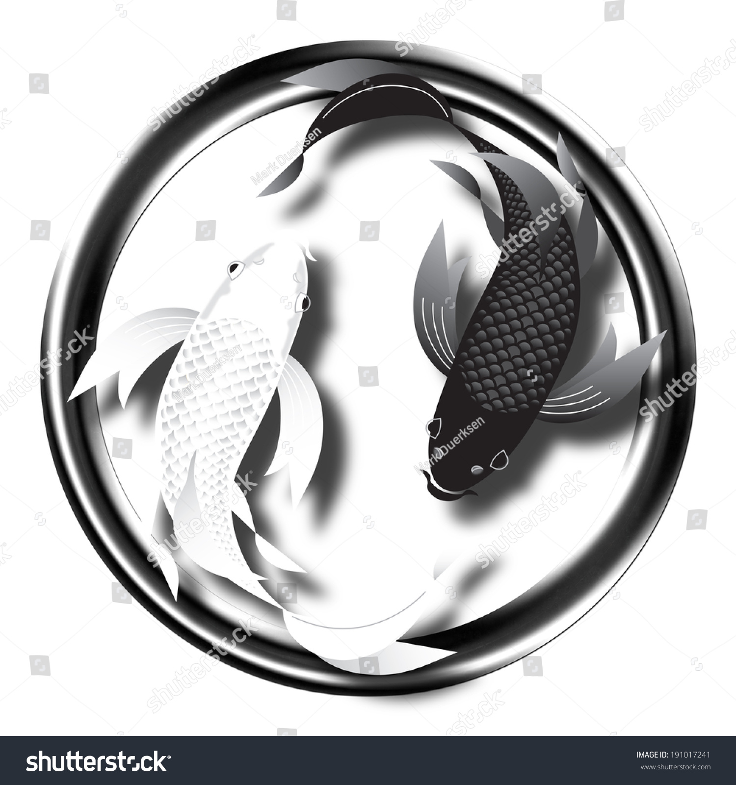 程式化的蝴蝶锦鲤鱼游阴阳符号在黑圈.