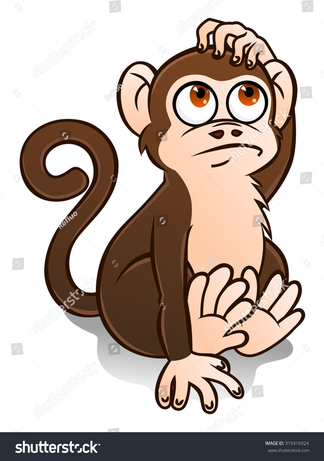 卡通可爱的棕色猴子若有所思地抓头